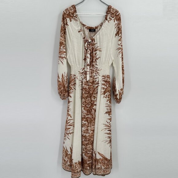 OPT Long Sleeve Linen Blend Midi Dress Ivory/Brown Floral Print size M Medium - Picture 1 of 9